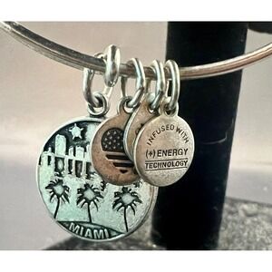 Alex and‎ Ani Silver Bangle Bracelet Miami Energy USA Recycle Charms Adjustable